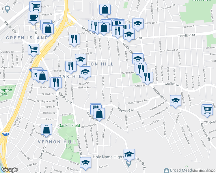 map of restaurants, bars, coffee shops, grocery stores, and more near 72 Vale Street in Worcester