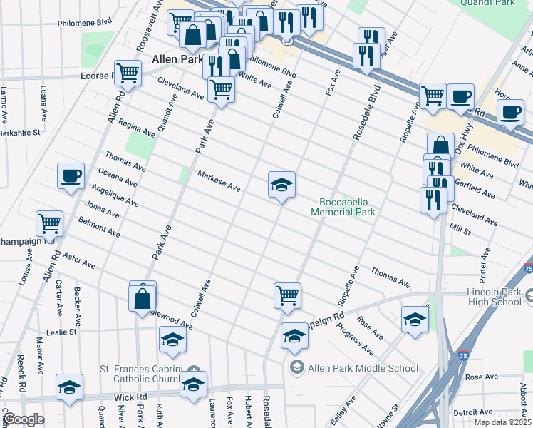 map of restaurants, bars, coffee shops, grocery stores, and more near 7500 Fox Avenue in Allen Park