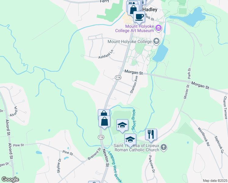 map of restaurants, bars, coffee shops, grocery stores, and more near 104 College Street in South Hadley