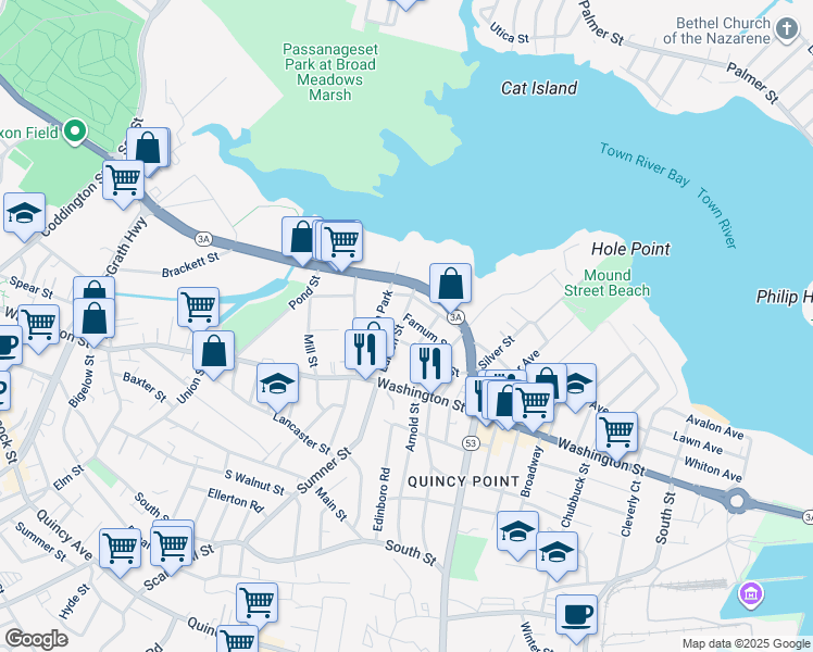 map of restaurants, bars, coffee shops, grocery stores, and more near 51 Edison Street in Quincy