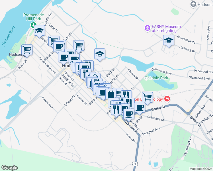 map of restaurants, bars, coffee shops, grocery stores, and more near 37 North 5th Street in Hudson
