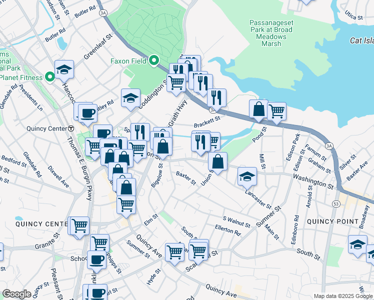 map of restaurants, bars, coffee shops, grocery stores, and more near 184 Washington Street in Quincy