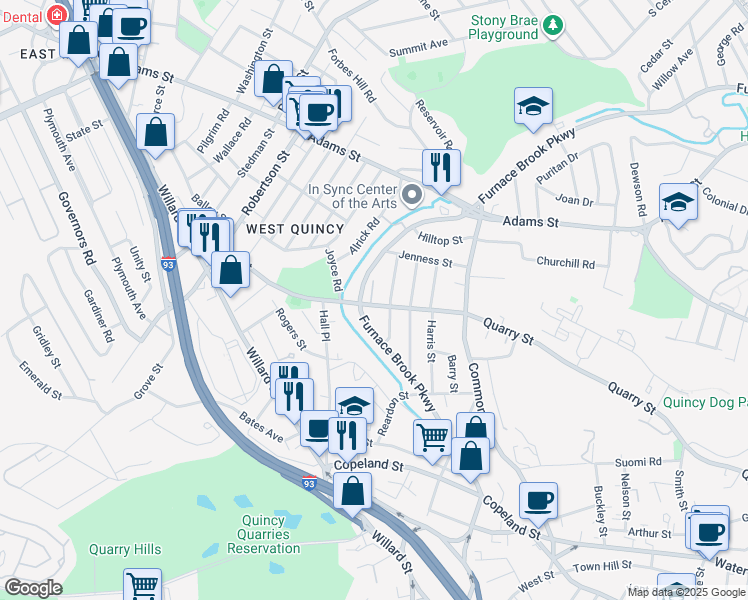 map of restaurants, bars, coffee shops, grocery stores, and more near 461 Quarry Street in Quincy