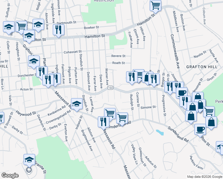 map of restaurants, bars, coffee shops, grocery stores, and more near 638 Grafton Street in Worcester