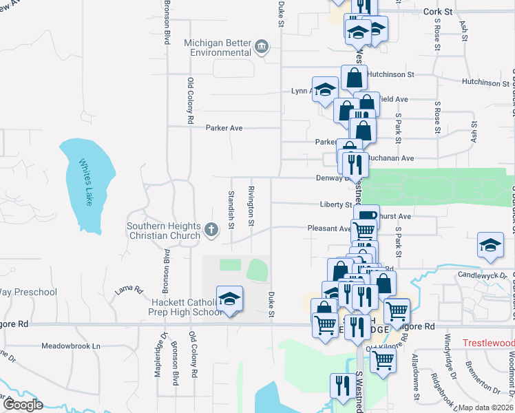 map of restaurants, bars, coffee shops, grocery stores, and more near 4031 Rivington Street in Kalamazoo