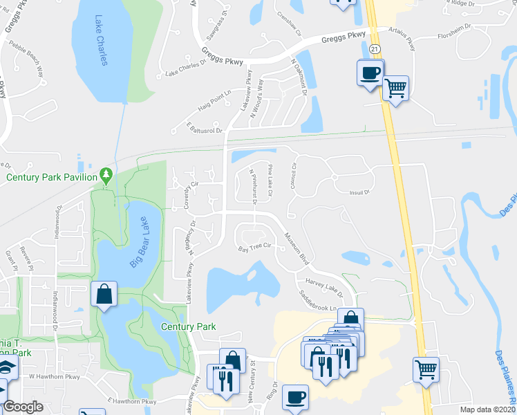map of restaurants, bars, coffee shops, grocery stores, and more near 496 Pine Lake Circle in Vernon Hills