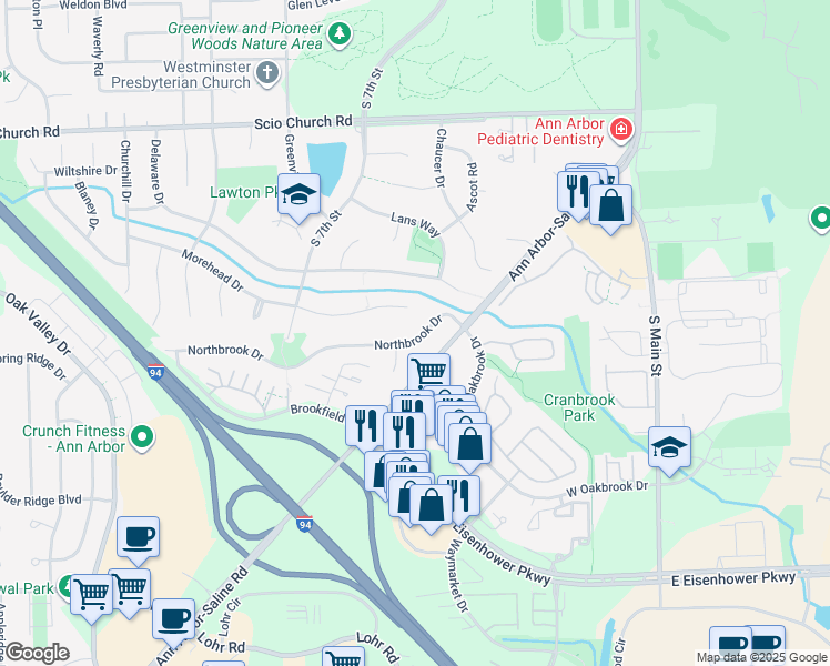 map of restaurants, bars, coffee shops, grocery stores, and more near 1830 Northbrook Drive in Ann Arbor