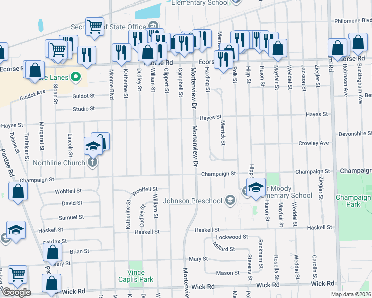 map of restaurants, bars, coffee shops, grocery stores, and more near 8011 Campbell Street in Taylor