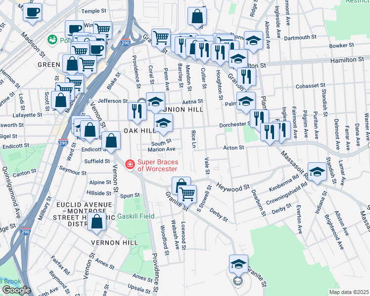 map of restaurants, bars, coffee shops, grocery stores, and more near 14 Shannon Street in Worcester