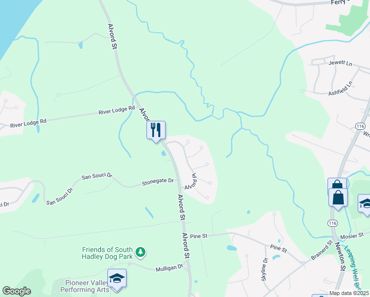 map of restaurants, bars, coffee shops, grocery stores, and more near 106 Alvord Place in South Hadley