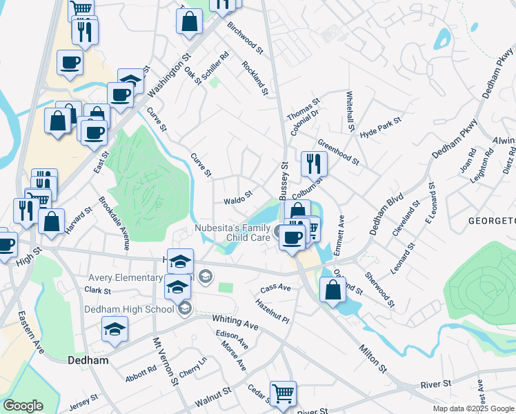 map of restaurants, bars, coffee shops, grocery stores, and more near 253 Colburn Street in Dedham