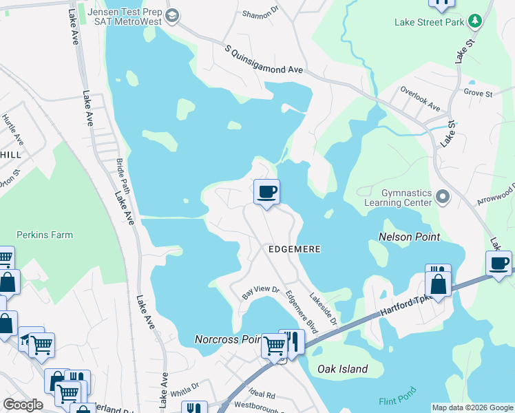 map of restaurants, bars, coffee shops, grocery stores, and more near 33 Robertson Drive in Shrewsbury