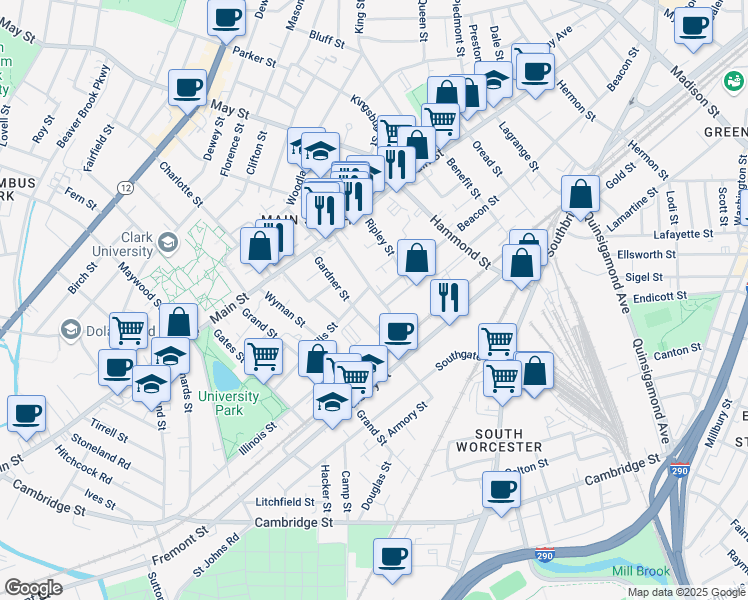map of restaurants, bars, coffee shops, grocery stores, and more near 22 Kilby Street in Worcester