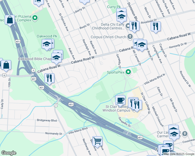 map of restaurants, bars, coffee shops, grocery stores, and more near 3915 Southwinds Drive in Windsor
