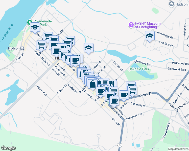 map of restaurants, bars, coffee shops, grocery stores, and more near 37 North 5th Street in Hudson