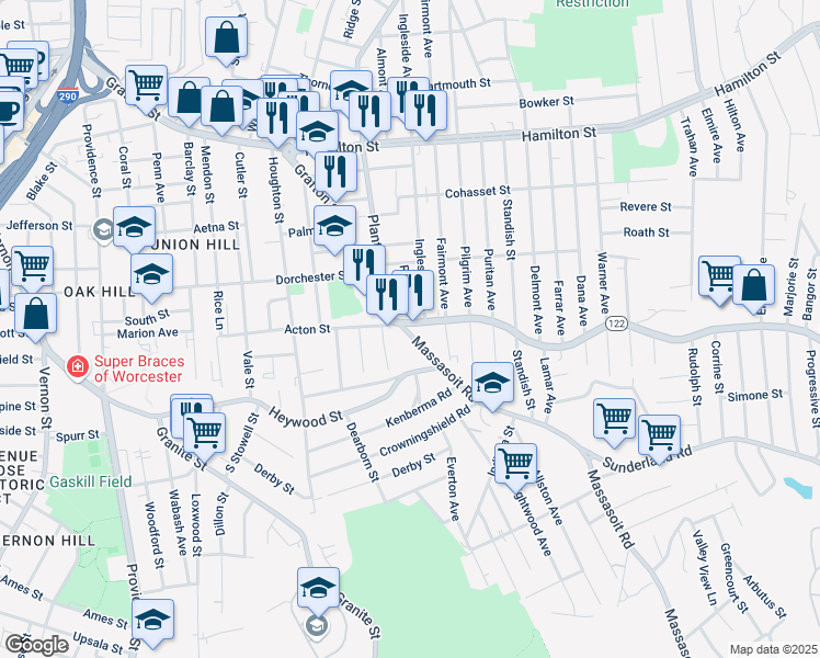 map of restaurants, bars, coffee shops, grocery stores, and more near 1 Massasoit Road in Worcester