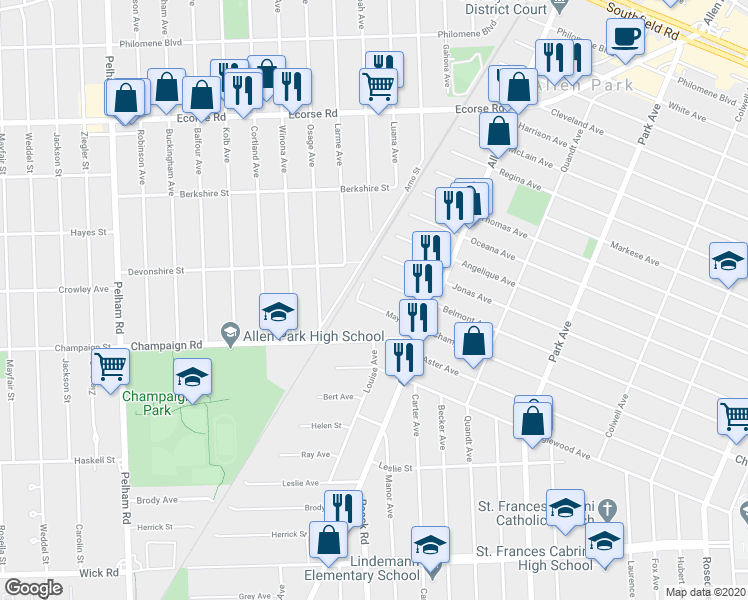 map of restaurants, bars, coffee shops, grocery stores, and more near 16212 Arno Street in Allen Park