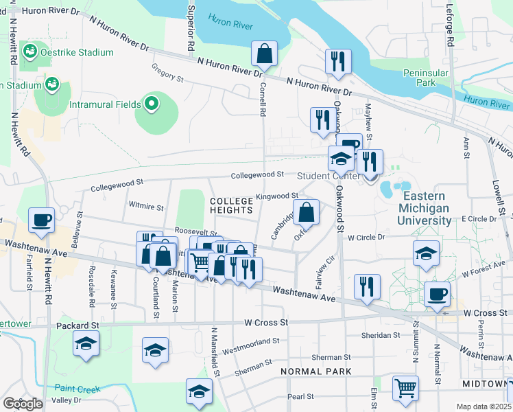 map of restaurants, bars, coffee shops, grocery stores, and more near 721 Cornell Road in Ypsilanti