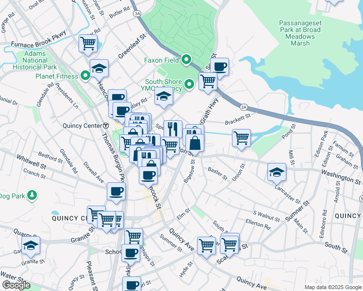 map of restaurants, bars, coffee shops, grocery stores, and more near 106 Washington Street in Quincy