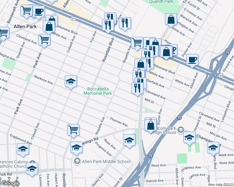 map of restaurants, bars, coffee shops, grocery stores, and more near 2171 McLain Avenue in Lincoln Park