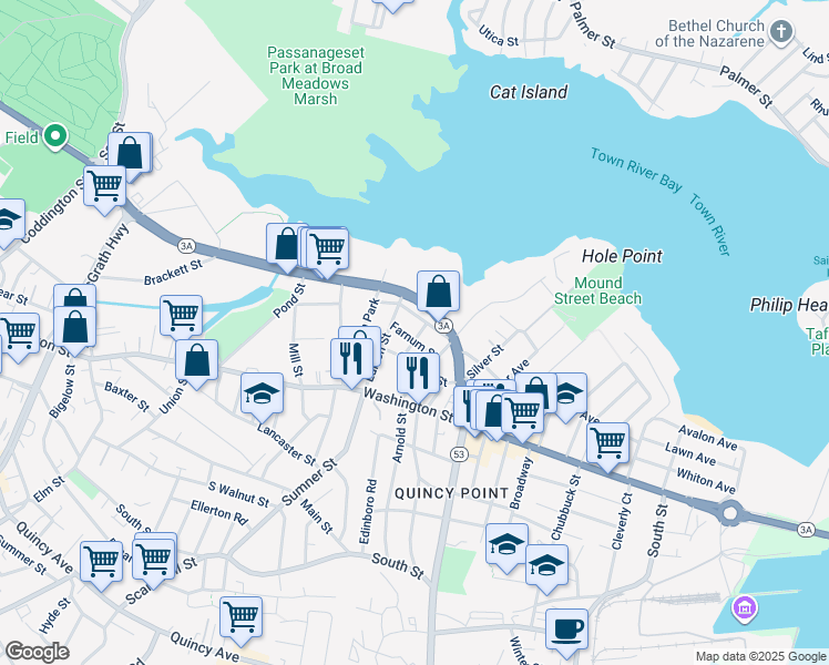 map of restaurants, bars, coffee shops, grocery stores, and more near 20 Farnum Street in Quincy