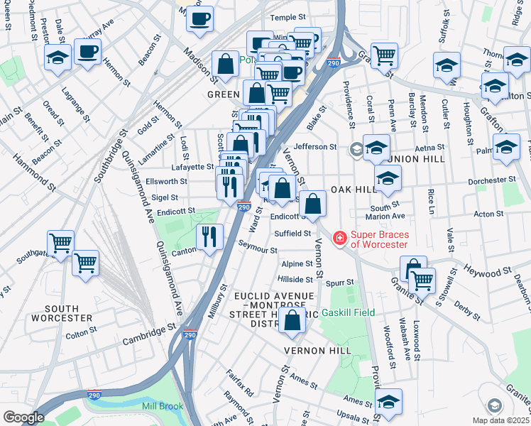 map of restaurants, bars, coffee shops, grocery stores, and more near 110 Endicott Street in Worcester