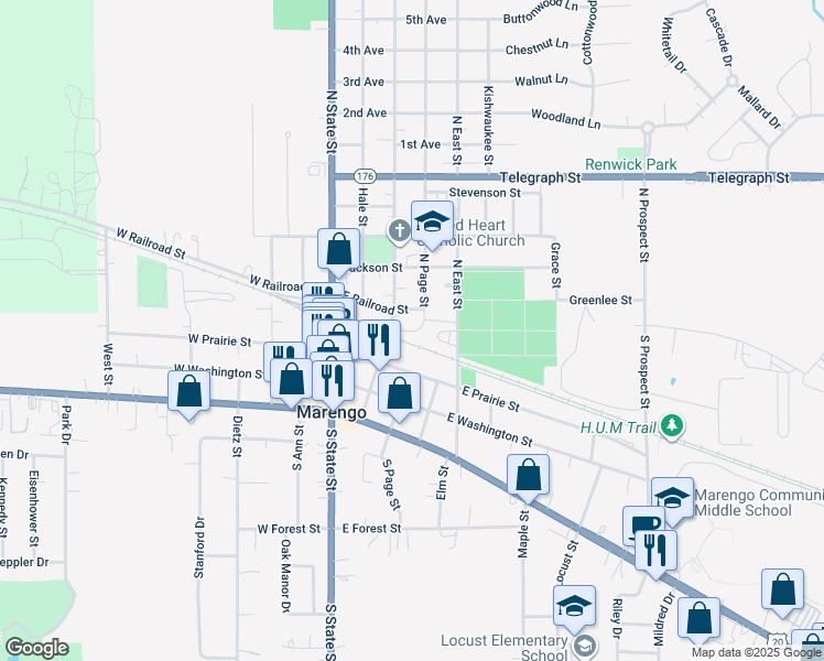 map of restaurants, bars, coffee shops, grocery stores, and more near 155 North Taylor Street in Marengo
