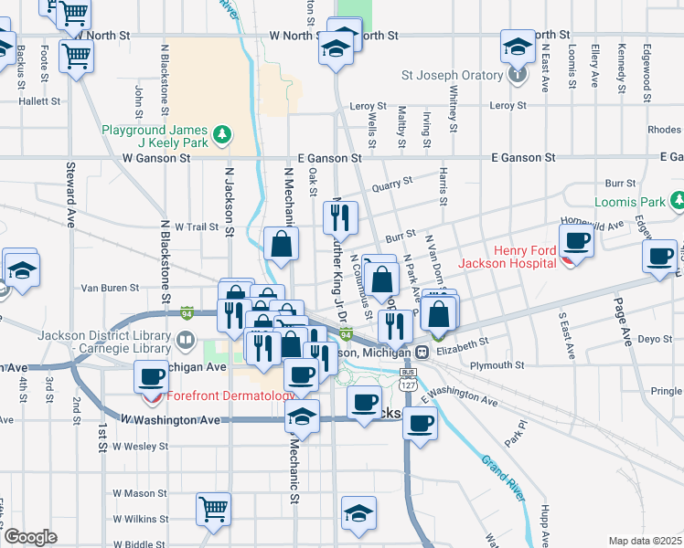 map of restaurants, bars, coffee shops, grocery stores, and more near 300 Homewild Avenue in Jackson