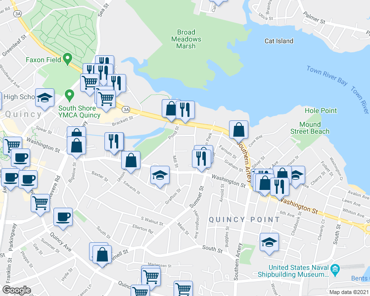 map of restaurants, bars, coffee shops, grocery stores, and more near 40 Stewart Street in Quincy