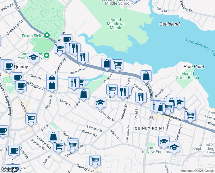 map of restaurants, bars, coffee shops, grocery stores, and more near 43 Mill Street in Quincy