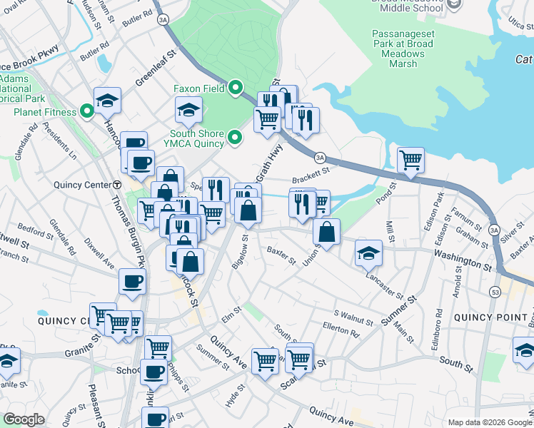 map of restaurants, bars, coffee shops, grocery stores, and more near 10 Glynn Terrace in Quincy