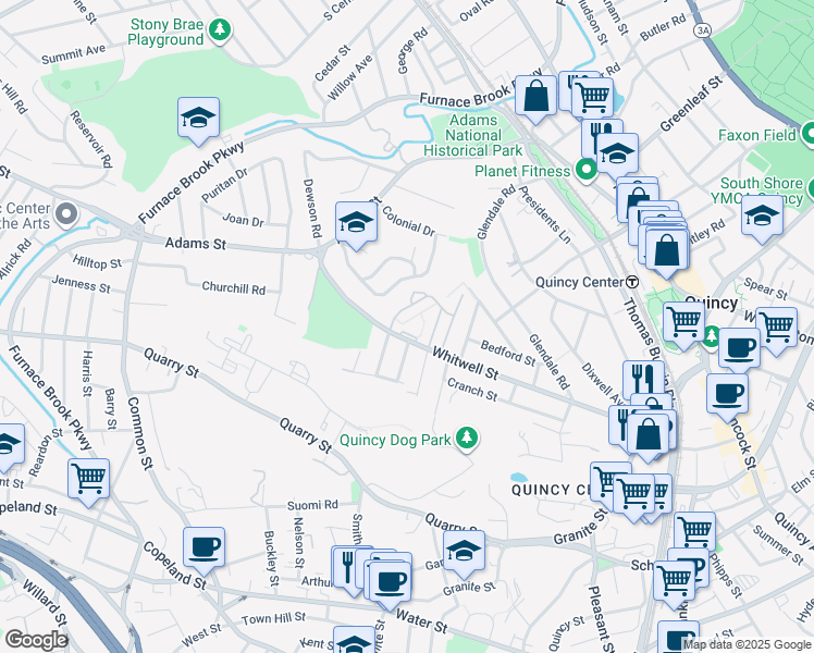 map of restaurants, bars, coffee shops, grocery stores, and more near 111 Whitwell Street in Quincy