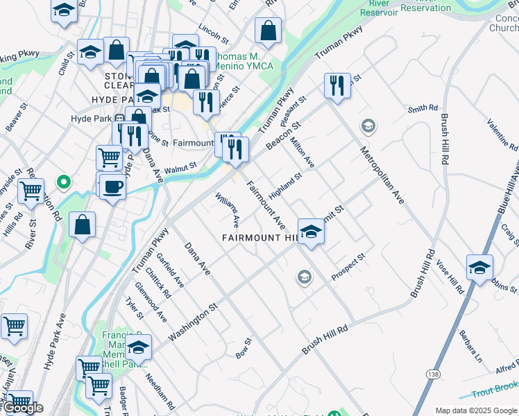 map of restaurants, bars, coffee shops, grocery stores, and more near 213 Fairmount Avenue in Boston