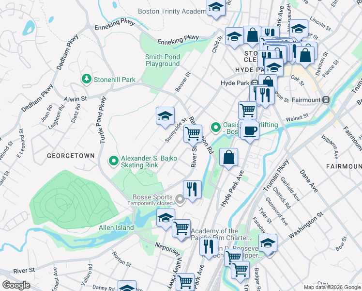 map of restaurants, bars, coffee shops, grocery stores, and more near 4 Hillis Road in Boston