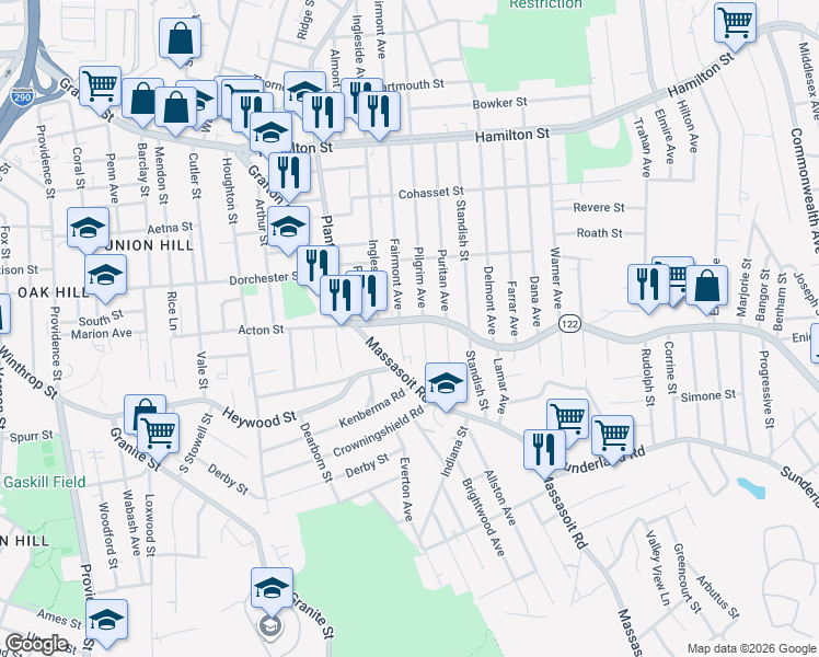 map of restaurants, bars, coffee shops, grocery stores, and more near 235 Pilgrim Avenue in Worcester
