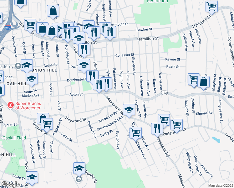 map of restaurants, bars, coffee shops, grocery stores, and more near 500 Grafton Street in Worcester