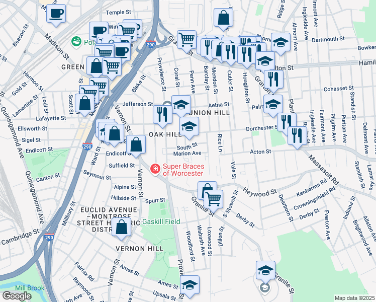 map of restaurants, bars, coffee shops, grocery stores, and more near 24 Marion Avenue in Worcester