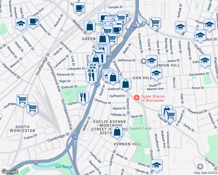 map of restaurants, bars, coffee shops, grocery stores, and more near 110 Endicott Street in Worcester