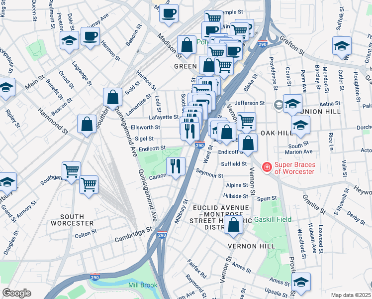 map of restaurants, bars, coffee shops, grocery stores, and more near 196 Millbury Street in Worcester