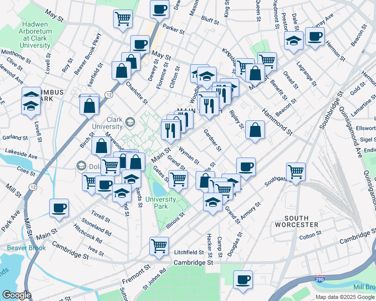 map of restaurants, bars, coffee shops, grocery stores, and more near 4 Wyman Street in Worcester