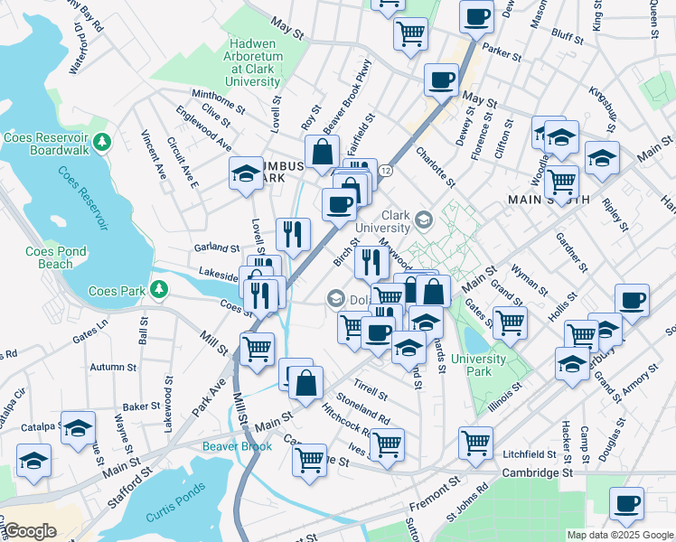 map of restaurants, bars, coffee shops, grocery stores, and more near 75 Birch Street in Worcester