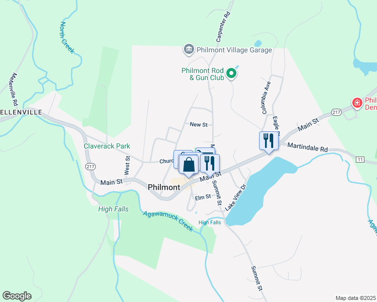 map of restaurants, bars, coffee shops, grocery stores, and more near 17 Church Street in Philmont