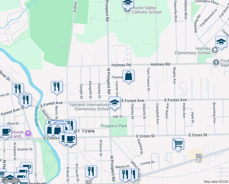 map of restaurants, bars, coffee shops, grocery stores, and more near 706 North Prospect Road in Ypsilanti