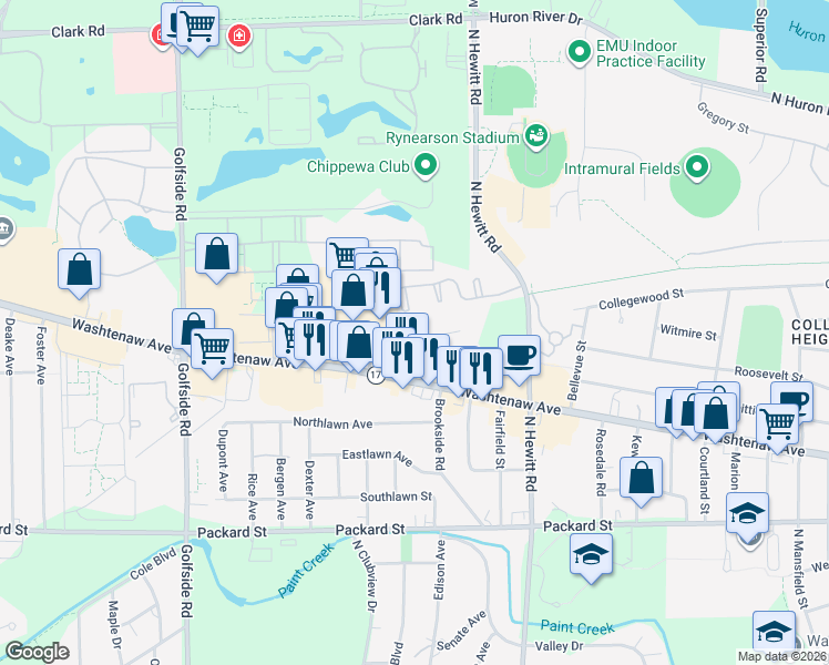map of restaurants, bars, coffee shops, grocery stores, and more near 2610 Collegewood Street in Ypsilanti