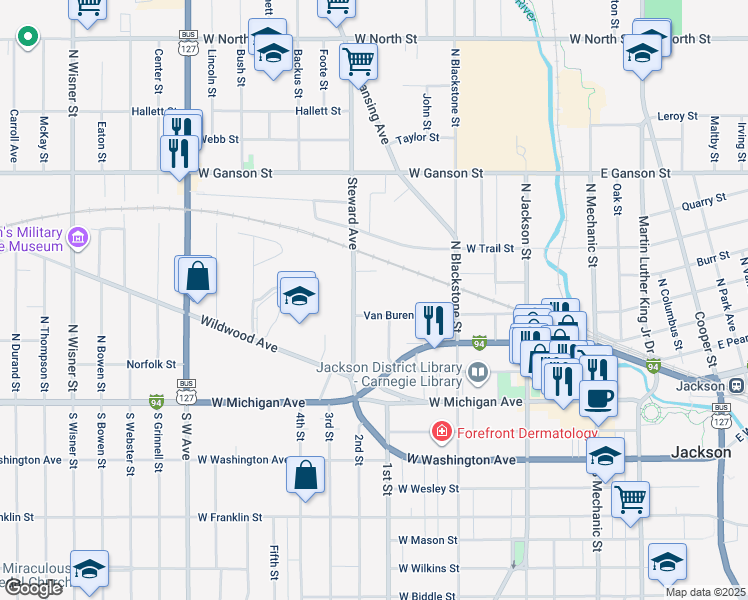 map of restaurants, bars, coffee shops, grocery stores, and more near 408 Van Buren Street in Jackson