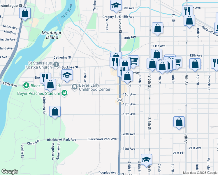 map of restaurants, bars, coffee shops, grocery stores, and more near 625 15th Avenue in Rockford