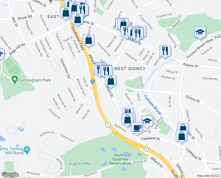 map of restaurants, bars, coffee shops, grocery stores, and more near 138 Willard Street in Quincy
