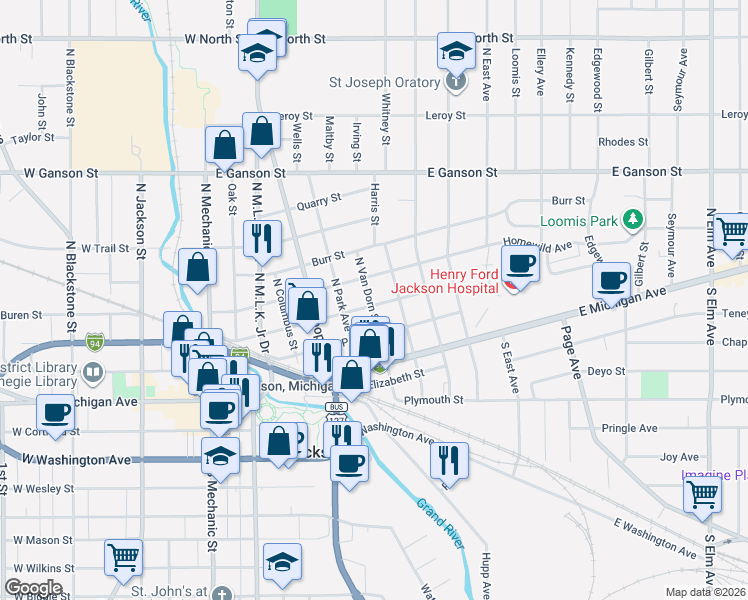 map of restaurants, bars, coffee shops, grocery stores, and more near 303 North Van Dorn Street in Jackson