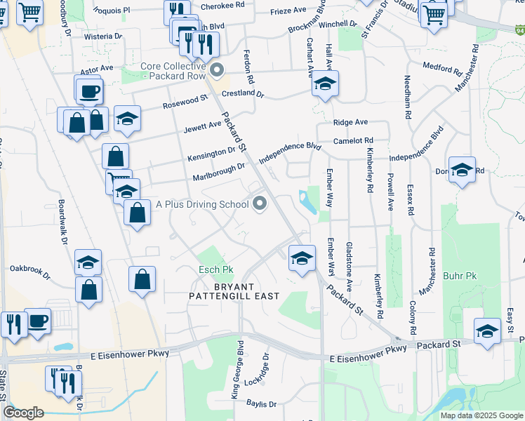 map of restaurants, bars, coffee shops, grocery stores, and more near 2500 Packard Street in Ann Arbor
