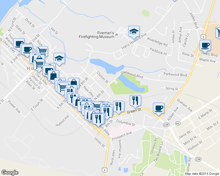 map of restaurants, bars, coffee shops, grocery stores, and more near 602 Washington St in Hudson